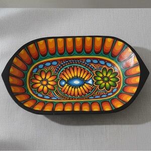 Handcrafted Tigua Ecuador Folk Art Wooden Art Deco Fruit Bowl Tray Platter